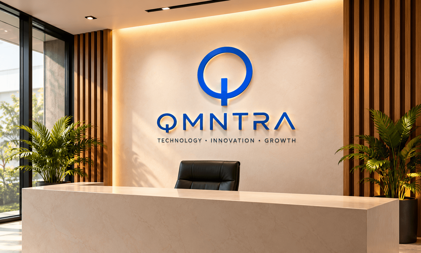 Conceptual Qmntra reception illustration with a blue brand sign, warm stone desk and wooden wall panels